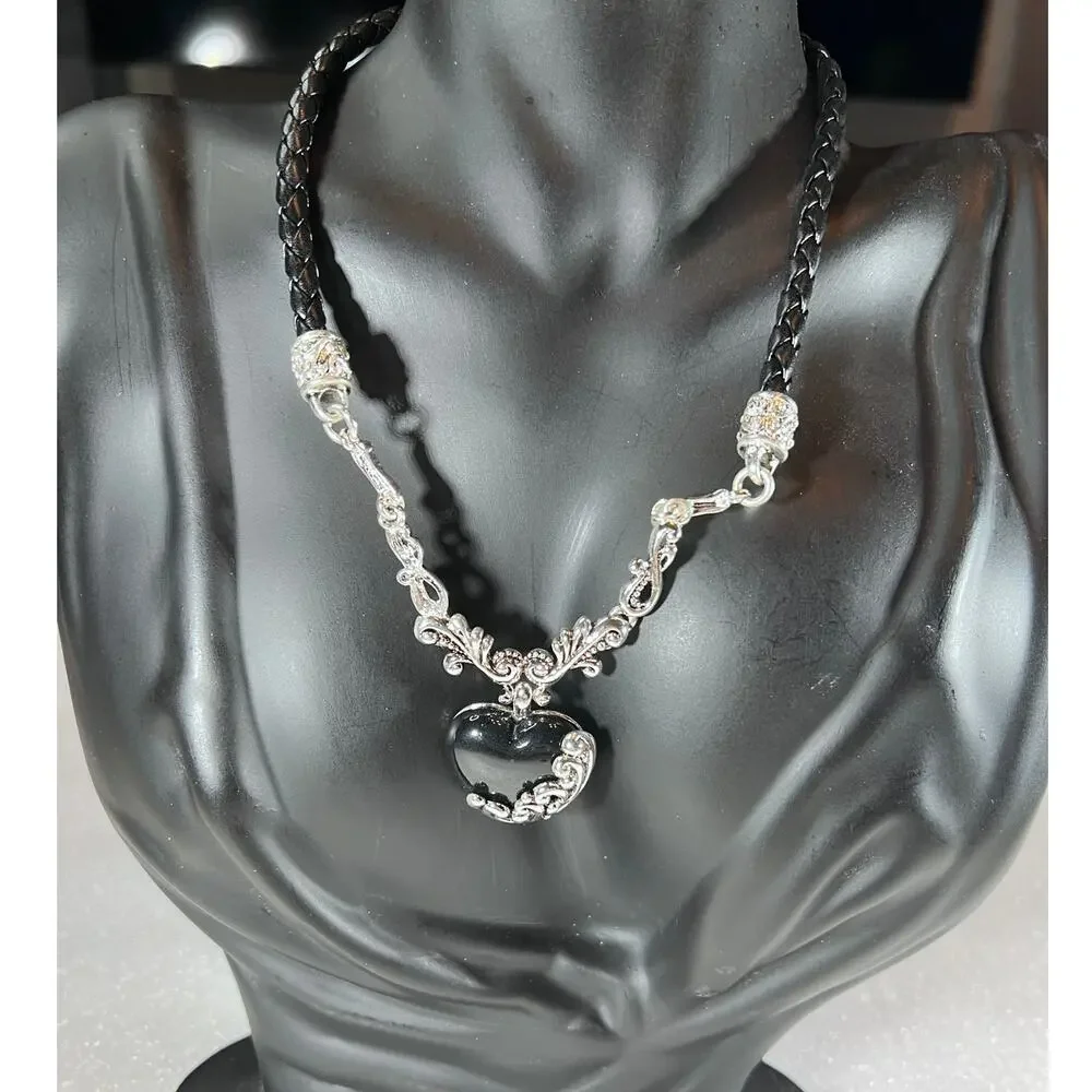 Retro Black Dark Witchy Goth Dark Heart Scroll Necklace Set Deadstock NEW NWT